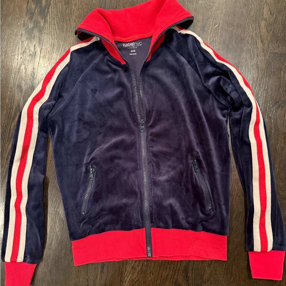 Katie J NYC velvet red and navy full zip-up jacket size small girls.  Work 2x